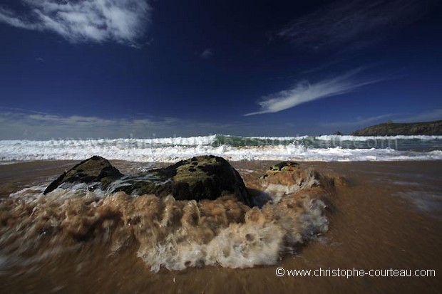 Waves on the beach. Tide Rising on the shore. Morbihan. France.