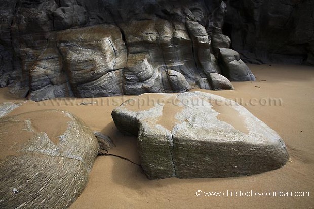 Rocks and Cliff on the beach of the Wild Coast of Quiberon. Port Blanc. Brittany.