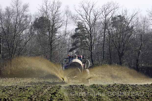 Livestock Waste Spreading in Field. Brittany. France